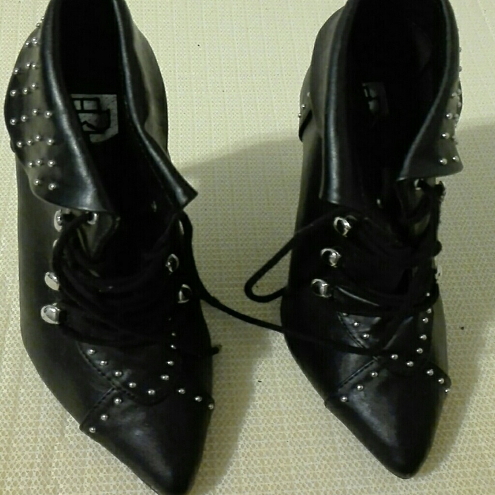 Black biker studded lace boots heels